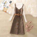 Autumn Winter Woman Long Sleeves Knitted T-shirt + Tweed Blend Plaid Dress 2 pcs sets Female Outfits Free