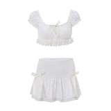 Zingj U-Neck Bubble Sleeve Pure Desire Top 2024 Summer French Temperament Shrink Pleated Skirt Suit Girl- Outfit