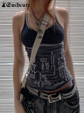 SUCHCUTE Gothic Print Crop Tops Women Dark Academic HiP Hop V Neck Tank Top Harajuku Fairycore Casual Streetwear Skinny