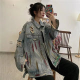 Autumn Women Streetwear Harajuku Retro Grunge Ripped Denim Jacket Oversize Female Jean Coat Gothic Outerwear Alt