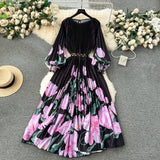 Zingj New Women's Dress Dress Oversized Printed Pleated Pleated Waist Belt Holiday