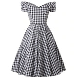 Vintage 50s Rockabilly Casual Dress Off The Shoulder Black Plaid England Style Casual Party Dresses Pin Up Women