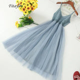 V Neck Spaghetti Strap Long Tulle Dress Women High Waist Knitting Hollow Out Slim Dress Female Sweet Fairy