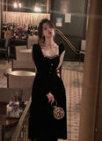 Wedding Party Black Velvet Midi Dresses for Women 2023 Autumn Square Neck Long Sleeves Evening Prom Mini Female