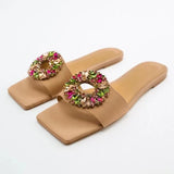 ZARZ Women Slippers 2022 New Summer Flat Sandals Luxury Brand Beige Fashion Crystal Square-Toe Woman Beach Shoes Plus Size