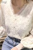 4XL New Lace Blouse Women Korean Hollow Out V Neck Long Sleeve Shirt Ladies Spring Crochet Lace Solid Tops Blusa
