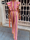 Zingj Women Colorful Striped O Neck Flying Sleeves Cropped Top Suit Fashion High Waisted Pockets Pants Set Elegant Lady Commute Outfit 211-0-Outfit