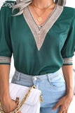 V Neck Summer Lace Chiffon Blouse 2023 Loose Woman Shirt Spring Short Sleeve Casual Tops Lady Blusas Para Mujer