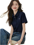 Embroidered Comfortable Shirt For Summer 2025 Light And Casual Polo Collar Beaded Knitted Shirt For