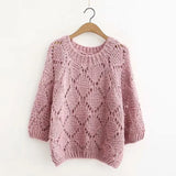 Hollow Japanese College Wind Sweater Women Short Long-sleeved Thin Large Size Solid Round Neck Pullover Jumpers