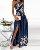 Summer Elegant One Shoulder Floral Print High Slit Cutout Maxi Party Dress Asymmetric Women Long Wedding Evening Sexy