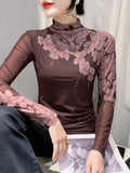 Autumn Half Turtleneck Long Sleeve Mesh Positioning Printing T-shirt Women's Fashion Slim Fit Bottoming T Shirts