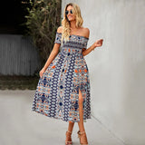 Elegant Floral Print Hem Split Dresses Women Summer Dress 2022 New Boho Holiday Slash Neck Short Sleeve Swing Midi