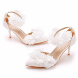 Cm White Flowers High Heel Sharp Sandals One Word Wristband Bride Hollow Fine Tip Head Wedding Dress