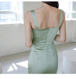Satin Midi Dresses for Women 2023 Summer French Square Collar Suspenders Folds Korean Elegant Fashion Slim Female