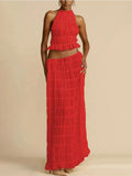Halterneck Ruched Open Back Tie Up Top And Maxi Skirt Set-Outfit