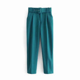 Solid Women Suit Pants Office Lady Empire Waist Belt Trousers Elagant Sashes Casual Chic