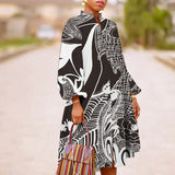 Office Lantern Sleeve Long Dress Chic Lady Stand Collar Print Party Dress Fashion Drawstring Button Loose A-Line