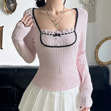 Zingj Sweet Girl Style Splice Color Long-Sleeved T-Shirt Square Collar Pleated Chest Bow Slim Slim