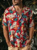Vintage Print Men Lapel Shirts New Casual 2021 Summer Loose Short Sleeve Button Shirt Tops Mens Clothing Fashion