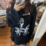 Gothic Skull Print Loose T Shirt Women Off Shoulder Long Sleeve Japanese Harajuku Thin T-shirt Korean Fashion Y2k