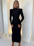 Padded Long Sleeve Bodycon Green Party Club Maxi Long Dress 2023 Spring Autumn Women Fashion Elegant