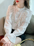 Vintage Sweet Lace Chiffon Blouse 2023 Autumn Beaded Lace Collar Shirt Lady Long Sleeve Ruffle Blusas Tops Mujer