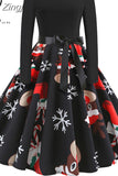Print Vintage Dress Women Christmas Casual Robe Femme Dress Elegant Party Dresses Long Sleeve