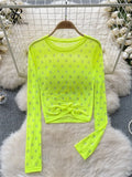 Letter Beadings Women Blouse O Neck Long Sleeves 2023 Autumn Fashion Senior Streetwear Hotsweet T Shirt Sheer Y2K