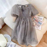 French Vintage Elegant Mesh Dresses Women Summer Blue Retro Puff Sleeves Bow Evening Party Sweet Princess Fairy Dress