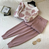 Women Sweater 2 Piece Sets Chic Knit Embroidery Bead Heartshape Pullovers Top + Spring Harem Pants Sport Tracksuits