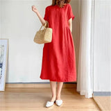 Cotton Linen Loose Dress Summer Fashion Female O-Neck Short Sleeve Solid Color Knee Length Sweet