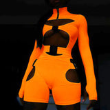 Women Bodycon Buckle Cut Out Biker Rompers Sexy Long Sleeves Hollow Out Clubwear Bodysuit One Piece Short Jumpsuit