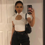 Casual Black Women T-shirts Harajuku Short Sleeve Crop Top T Shirt Hollow Out Sexy Tee Shirt