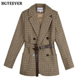 Vintage Houndstooth Winter Thick Women Jacket Blazer Sashes Plaid Female Suit Jacket with belt Long Sleeve blaser