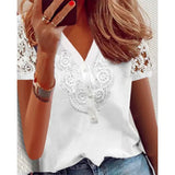 Summer Lace Splice White Shirt V-Neck Women Casual Blouse Elegant Short Sleeve Tops Fashion Loose Hollow Lady Shirts