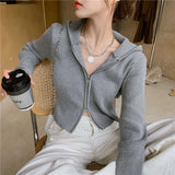 Knitted Sweater Women Vintage Zip Up Cropped Cardigan Long Sleeve Jumpers Streetwear Korean Fall Fashion