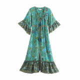 Queens Women Floral Print Batwing Sleeve Rayon Bohemian Dresses Ladies V Neck Tassel Boho Pleated Maxi