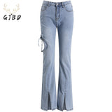 Clothing Flare Jeans Ripped Slit Straight High Waist Self Cultivation Vintage Casual Fashion Ladies Denim Trouser