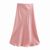 white satin midi skirts high waist pink a-line skirts summer womens falas