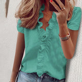 Boho Floral Print Slim Shirt Office Lady Retro Tops Women Casual Short Sleeve Sexy V-neck Ruffles Blouse 2020