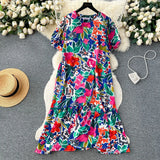 Zingj Dress Women's 2024 Summer Dress New Loose Leisure Fashion Print Medium-Long Bubble Sleeve Holiday
