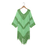 Queens Women Solid Half Sleeve Beach Tassel Loose Bohemian Mini Dress Ladies V-neck Boho Sundress