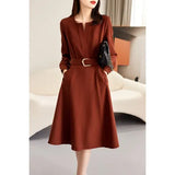 And Autumn 2025 Luxury Temperament Orange Red Design Sense V Collar Long-Sleeved Dress Elegant Commute Fashion Long
