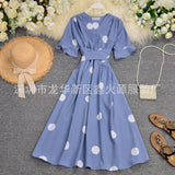 Zingj Big Wave Point Foreign Air Horn Short Sleeve Temperament V Neck Tie Closed Waist Show Thin Long Dress Female Summer