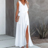 Women New Spring Solid Maxi Dress Elegant Deep V Neck Office Lady Long Dress Summer Sleeveless Hollow Out Hight Slit Party