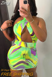 Tie Dye Print Backless Mini Dress Women Summer Sexy Hollow Out Halter Sleeveless Pleated Tight Woman Party