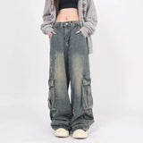 Zingj Old Vintage Washed Jeans For Versatile And Versatile High Street Pocket-Down Casual Cargo