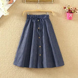 Waist Skirt Casual Striped Bow Denim Women Solid Color Long Skirt Female Elegant Big Hem Casual Button Jean