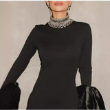 Fashionable Horn Sleeves Water Drilling Black Dress Fashion Elegant Dinner Tweed